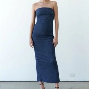 Zara strapless denim dress.